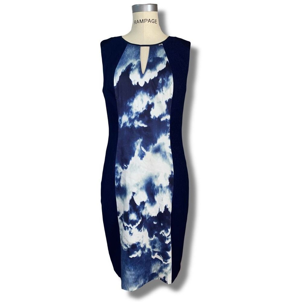 Kay Unger Women’s Size 10 Cloud Print Sleeveless Keyhole Sheath Dress Blue